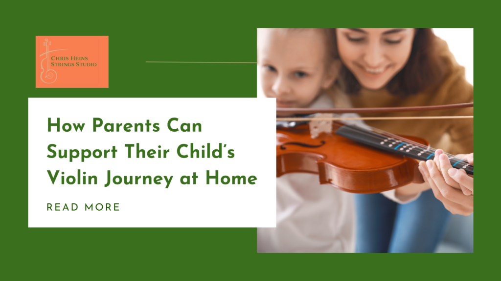Parent helping the child learn violin with the business logo, blog title, and read more option.